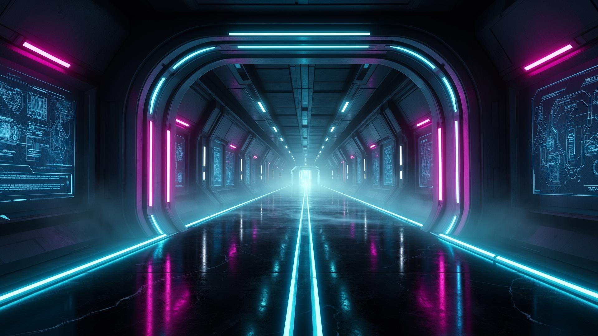 A deep cyan and electric blue high-tech underground bunker corridor lit by neon strips
