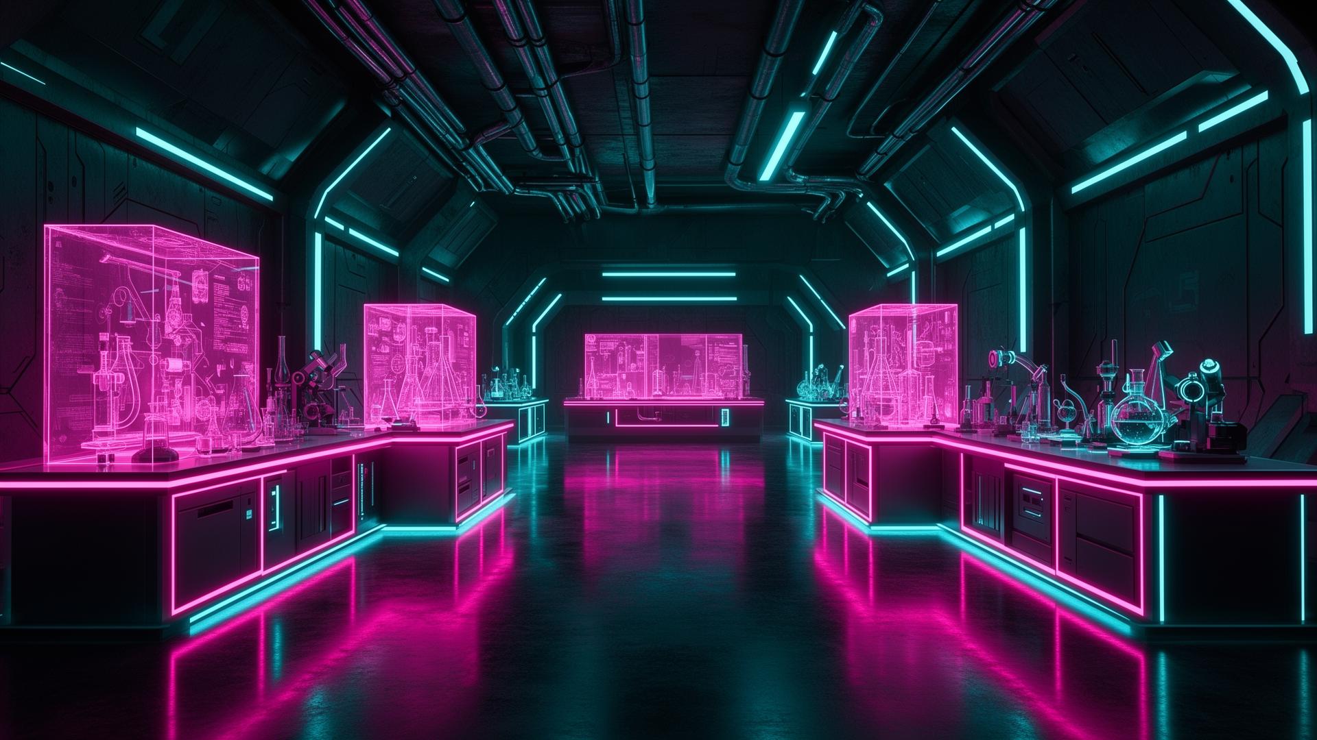 A neon magenta and cyan lit holographic laboratory room
