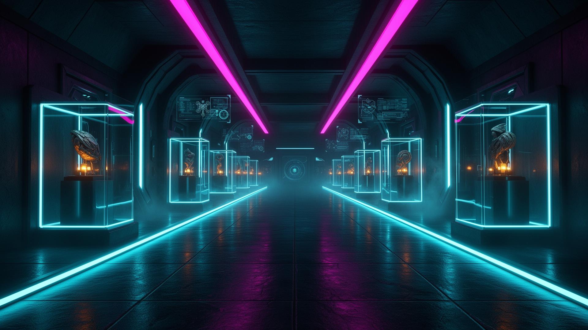 A Tron-style underground vault with cyan and magenta neon strips and glass display plinths