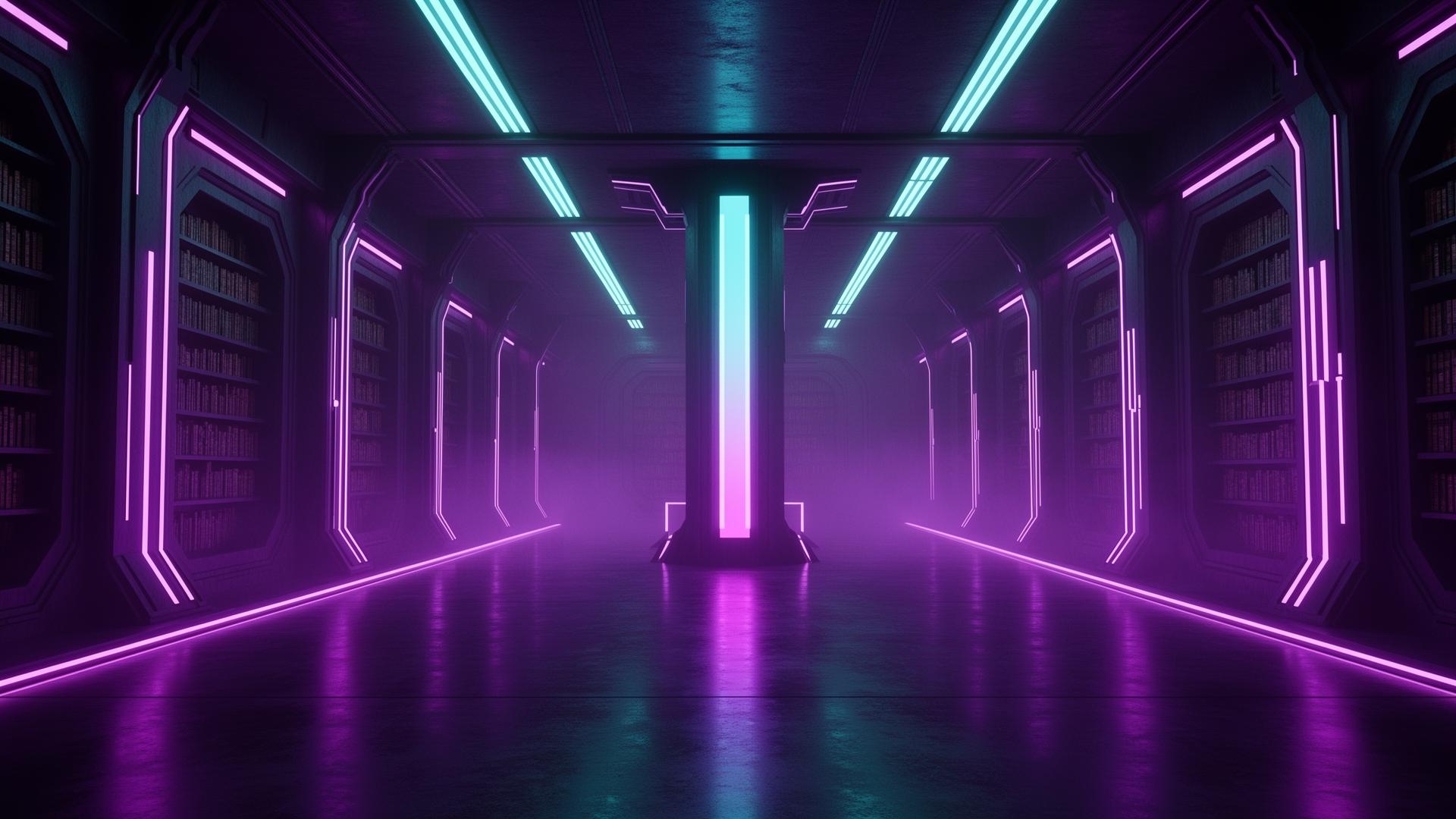 A violet-lit underground bunker chamber with neon conduits and a central pillar